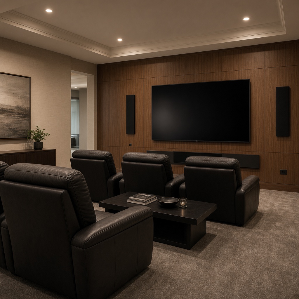 Private home media room with leather recliners and a wall-mounted television